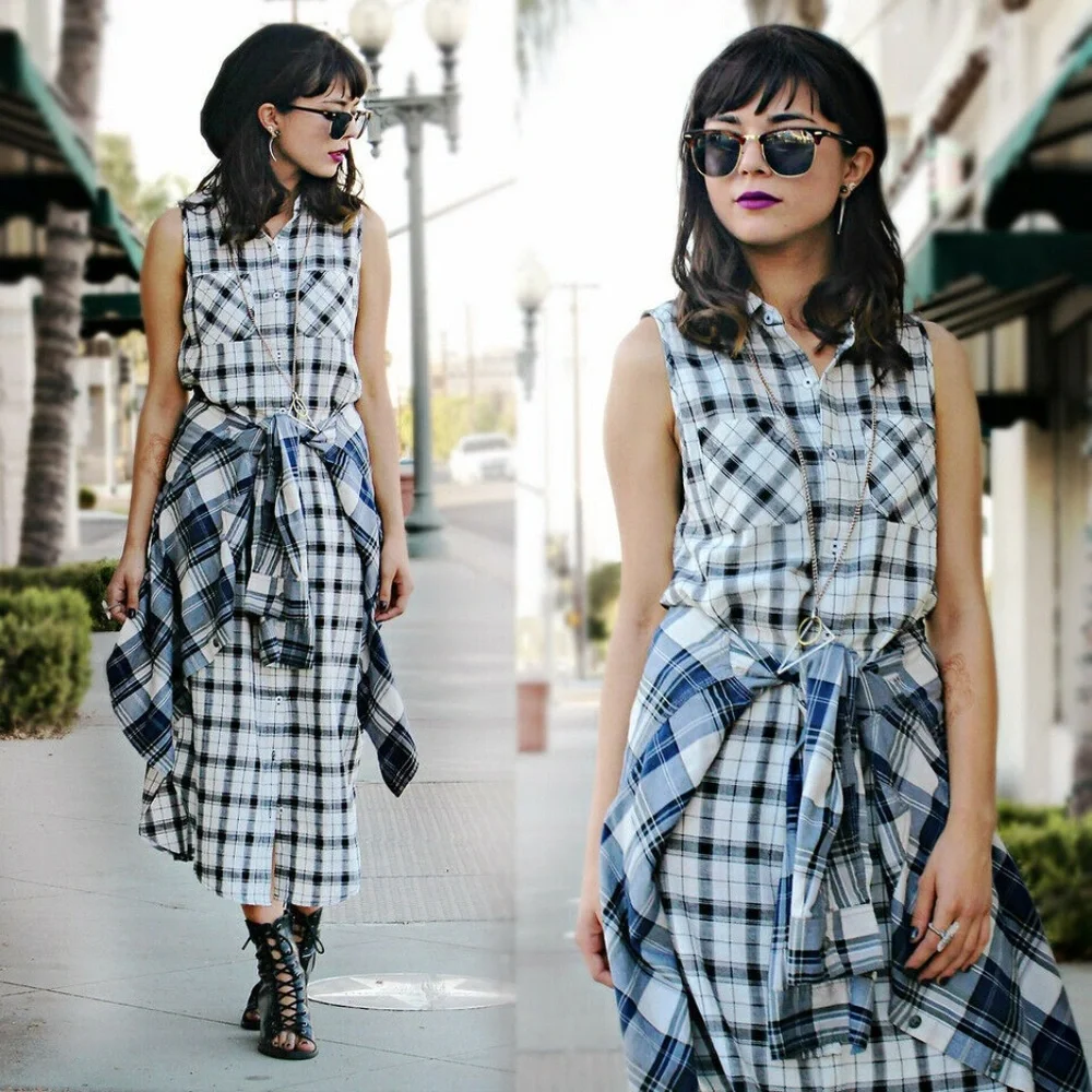 Forever 21 Black White Plaid Midi Shirt Dress